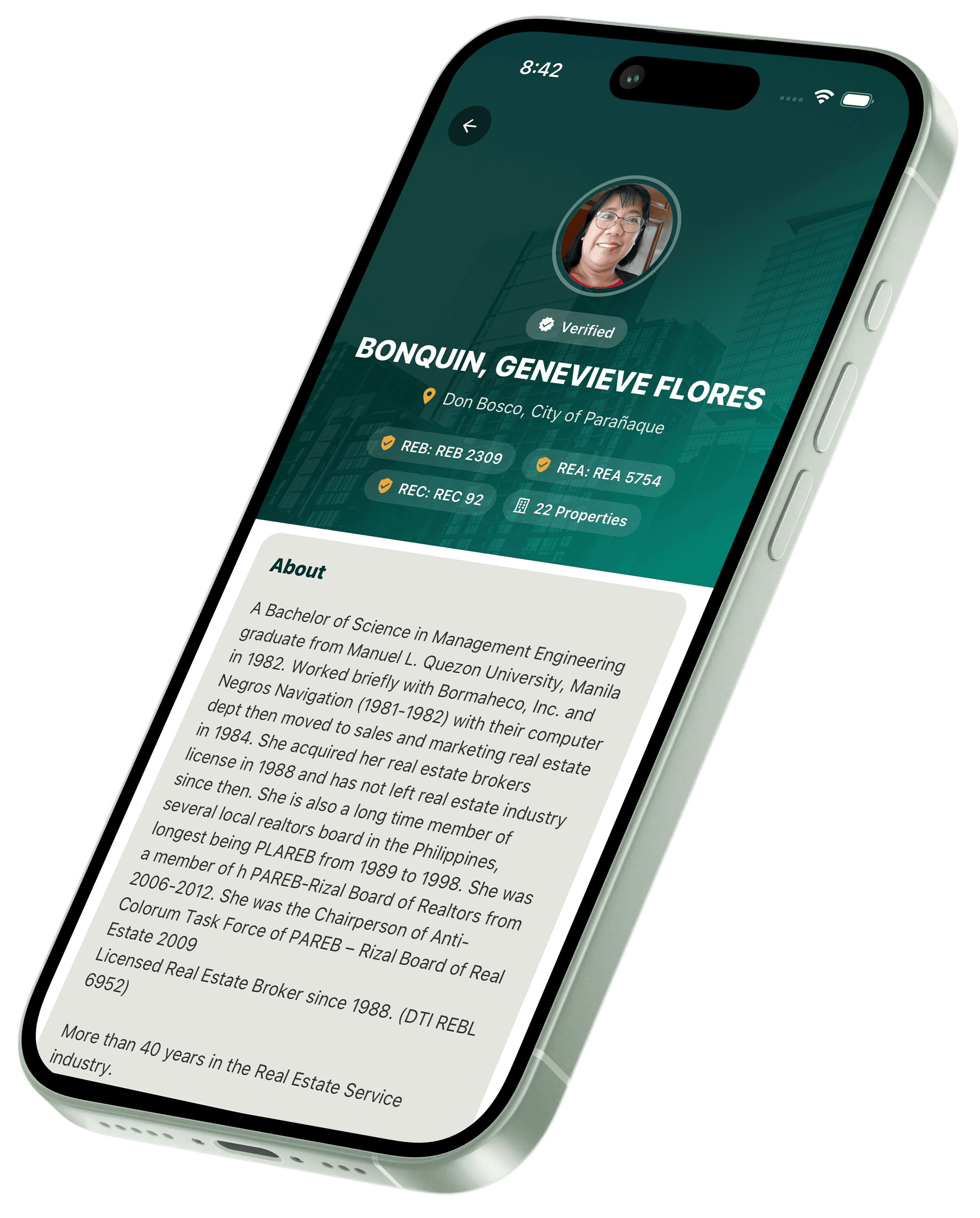 pred.ph mobile app preview showing a verified broker profile